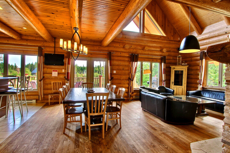 Aire commune du chalet en location Chalet les Marmottes dans la région de Québec, chalet bord de l'eau à Sainte-Christine-d'Auvergne.