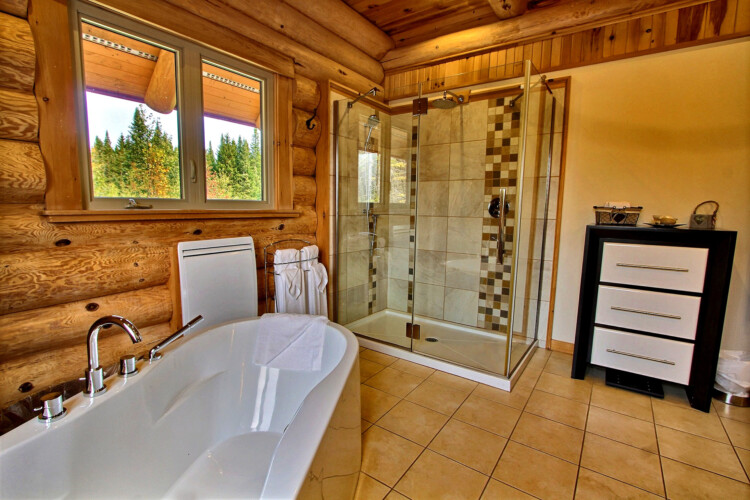 Salle de bain avec douche en céramique du chalet en location Chalet les Marmottes dans la région de Québec, chalet bord de l'eau à Sainte-Christine-d'Auvergne.