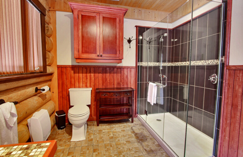 Salle de bain avec douche de céramique du chalet à louer Chalet la Tanière dans la région de Québec, chalet bord de l'eau à Sainte-Christine-d'Auvergne.