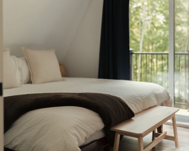 Chambre du chalet a louer Kartalla dans les Laurentides, chalet A-frame avec spa à Amherst