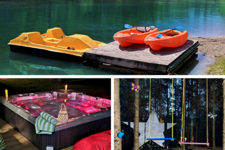 Montage photos montrant le quai avec les embarcations nautiques, le spa et des balançoire du Chalet à louer Domaine du ranch Privé en Mauricie, chalet au bord de l'eau à Sainte-Ursule.