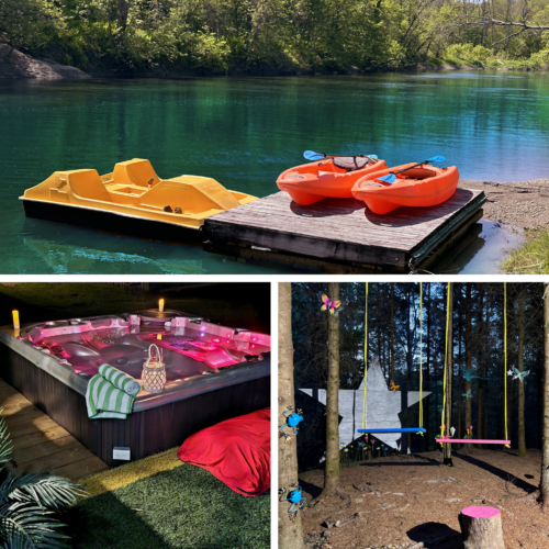 Montage photos montrant le quai avec les embarcations nautiques, le spa et des balançoire du Chalet à louer Domaine du ranch Privé en Mauricie, chalet au bord de l'eau à Sainte-Ursule.