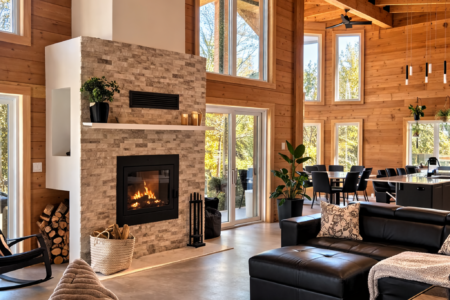 Salon avec foyer au bois du Chalet à louer Villa Devi en Abitibi-Témiscamingue, chalet avec spa à Preissac.